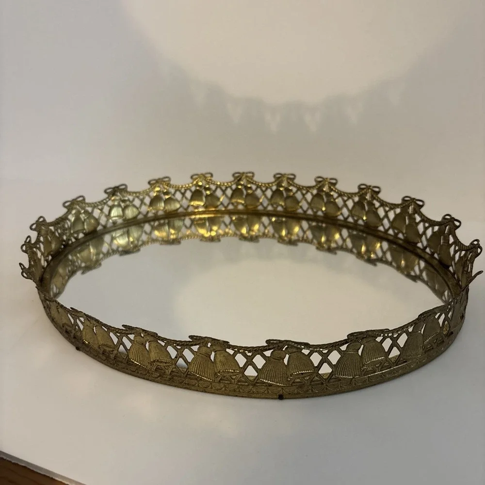 Vintage Gold Filigree Metal Mirror Vanity Dresser,